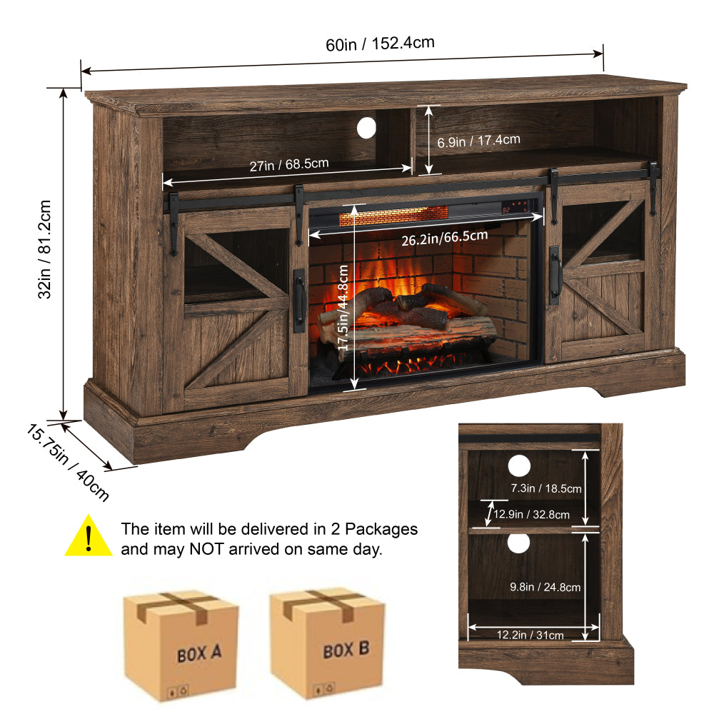 60 Inch Electric Fireplace  Entertainment Center With Door Sensor-Reclaimed Barnwood Color