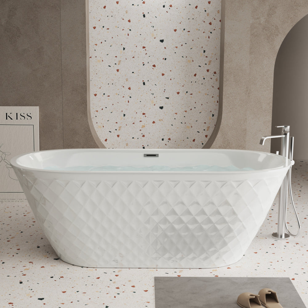 67'' acrylic freestanding bathtub with unique diamond pattern design: spacious oval shape,  Gloss white finish, Chrome overflow and pop-up drain CUPC Certificate