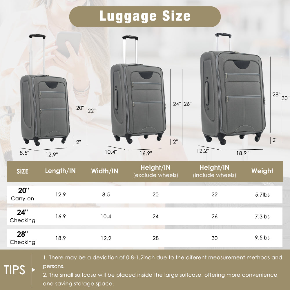 Softside Luggage Expandable 3 Piece Set Suitcase with Duffel Bag Upright Spinner Softshell Lightweight Luggage Travel Set