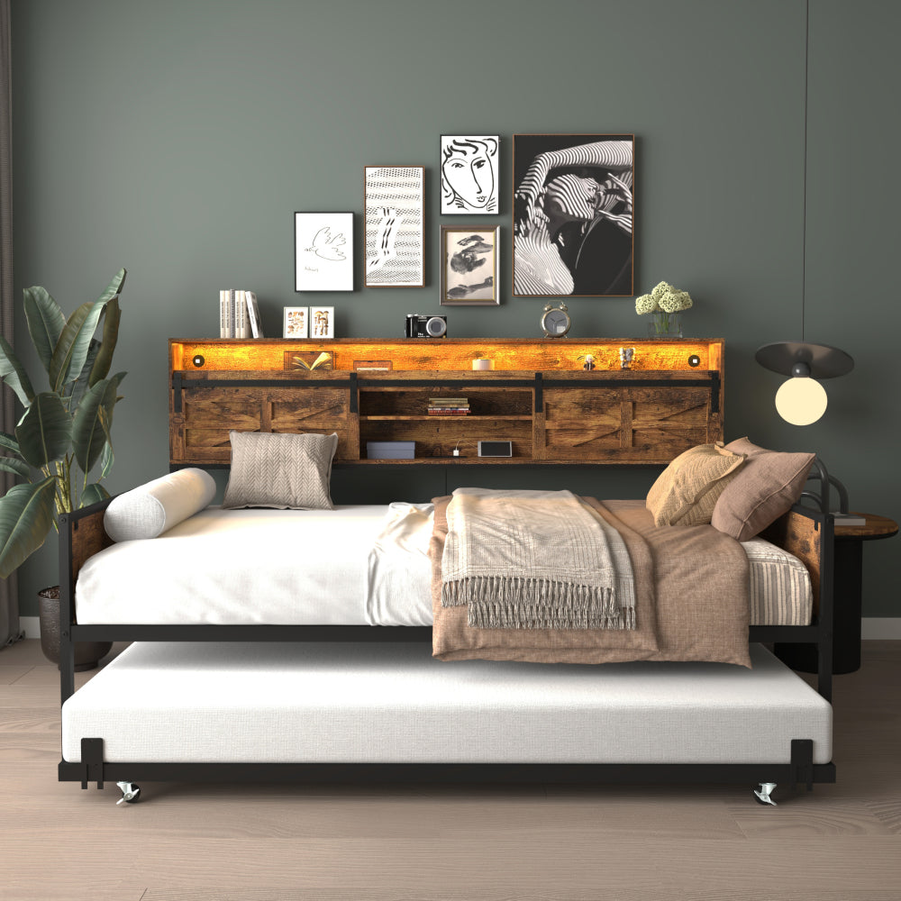 Twin Daybed with Trundle, Farmhouse Daybed Frame with Sliding Barn Door Headboard and Charging Station & LED Light for Bedroom and Guest Room, Rustic Brown