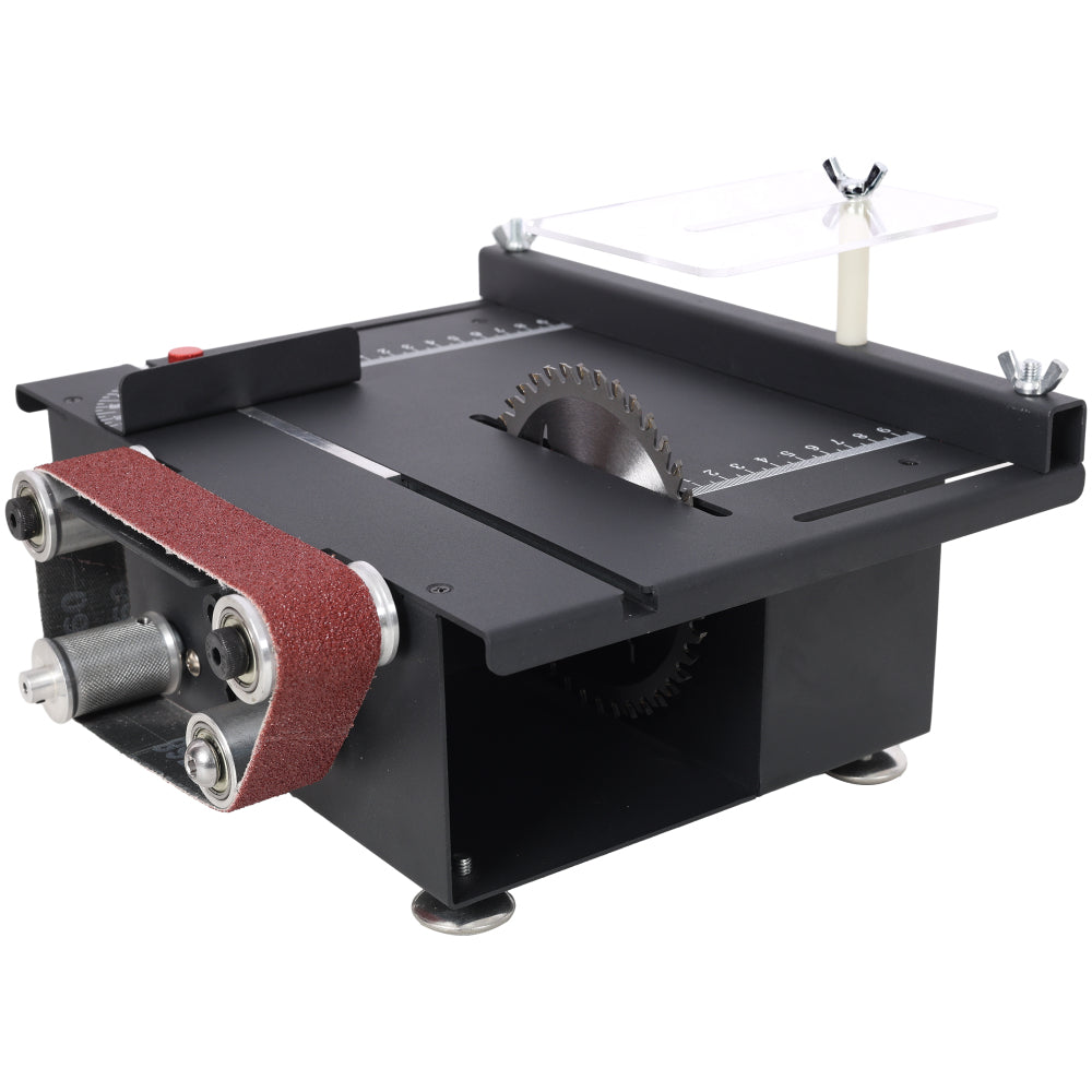 Mini Table Saw,Belt Sander,4pcs Blades,10pcs Sanding Blet,7 Gear Adjustable 0-90° Angle, Available for Wood/PCB/Acrylic/Plastic,DIY Model Crafts Cutting Tool