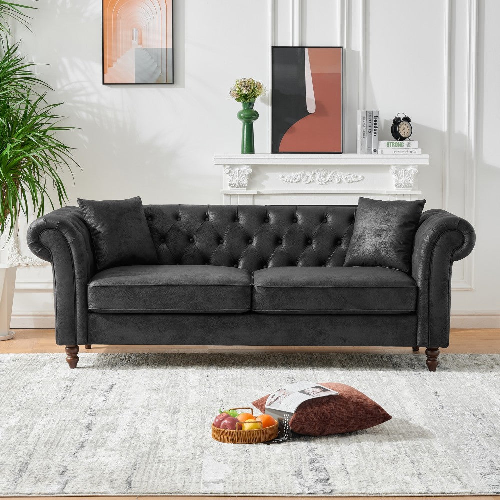 66"Chesterfield ‌Faux Leather Sofa,High-tech Fabric Roll Armrest Sofa,Upholstered Mid Century Modern Couch,2 Seater Couch for Living Room, Office, Apartment, Brown
