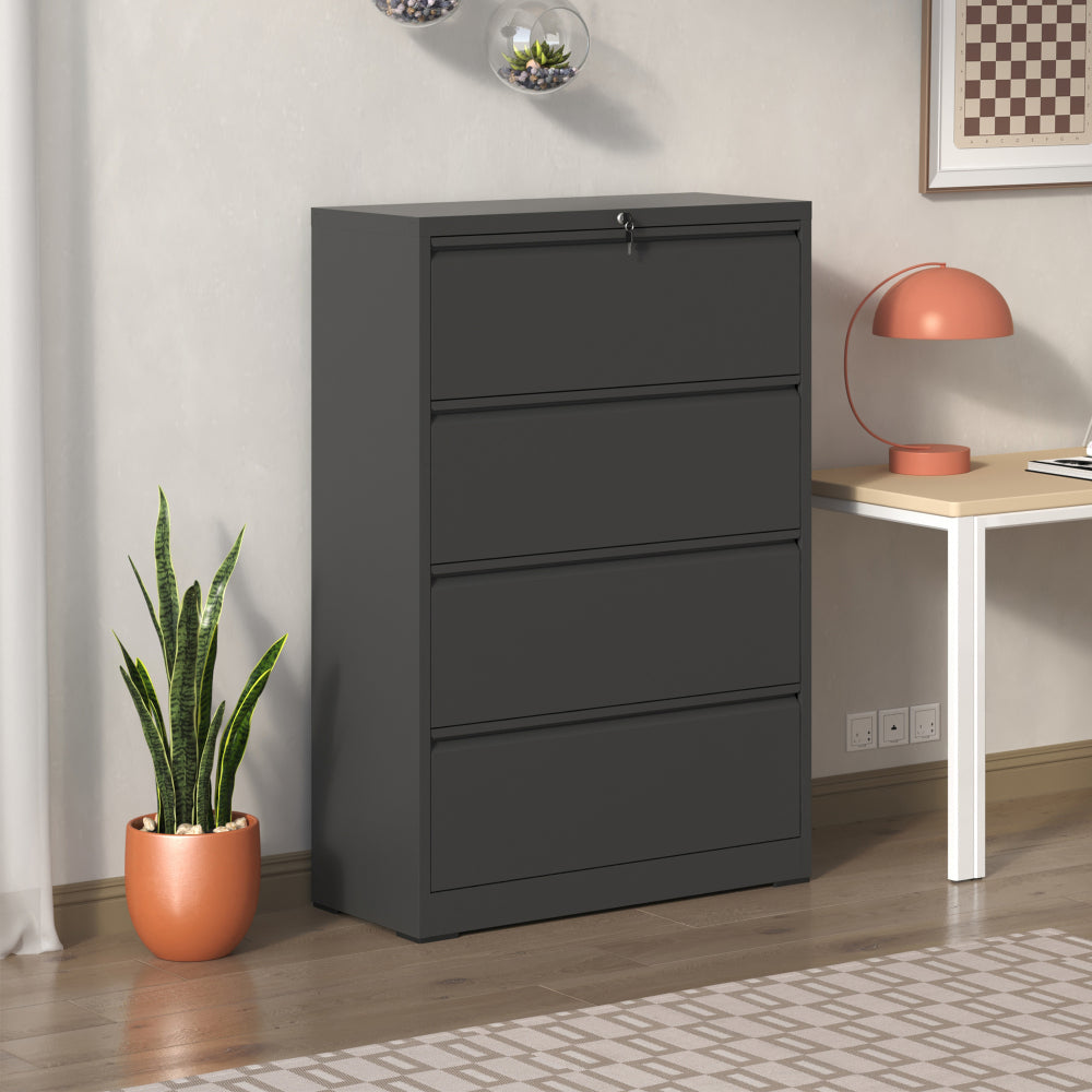 Lateral File Cabinet 4 Drawer, Black Filing Cabinet with Lock, Lockable File Cabinet for Home Office, Locking Metal File Cabinet for Legal/Letter/A4/F4 Size