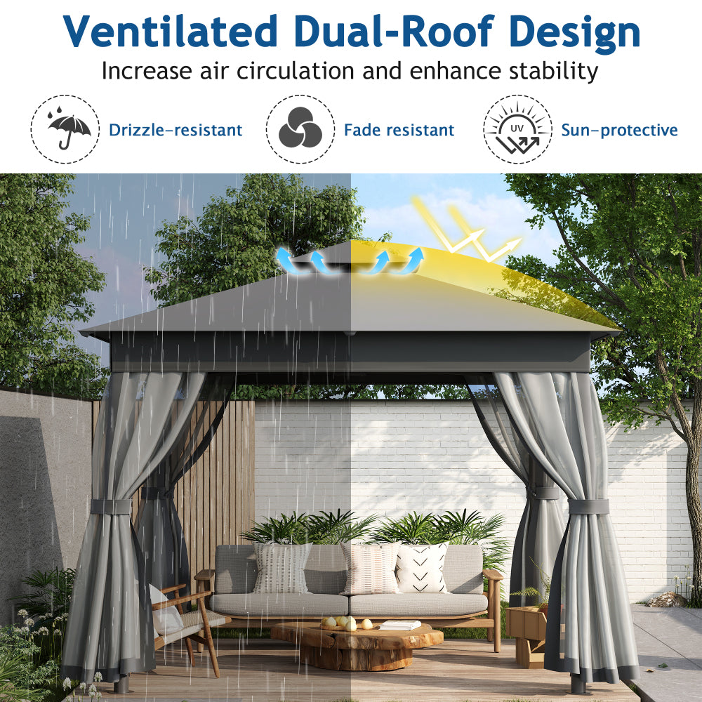 TREXM 10x10 Outdoor Gazebo Tent with Double Roofs, Patio Gazebo with Mosquito Netting, Patio Canopy for Backyard, Garden, Lawn and Deck (Grey)