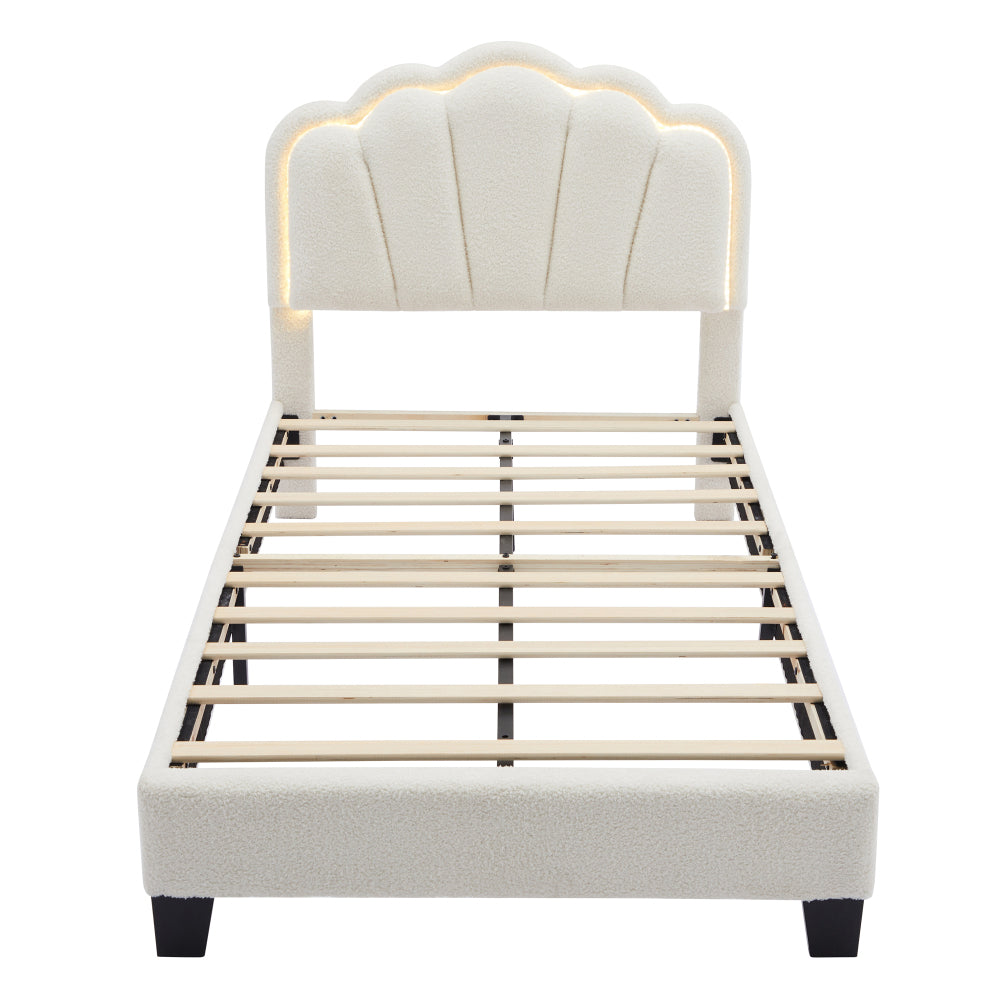 2-Pieces Bedroom Sets Twin Size Flower-Shaped Upholstered LED Platform Bed with Storage Ottoman-Sherpa Fabric, White