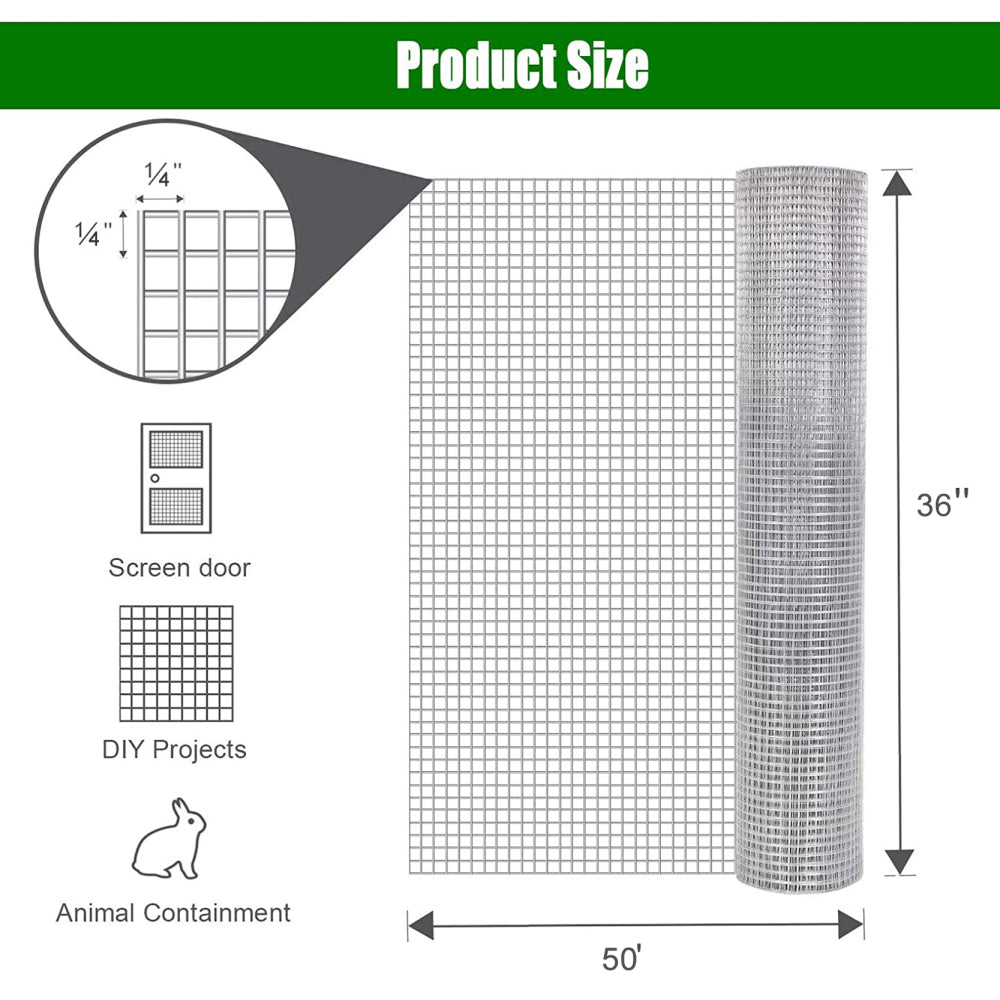 Hardware Cloth 1/4 inch 36in x 50ft 23 Gauge, Hot-dip Galvanized After Welding Chicken Wire Fence Roll Garden Plant Welded Metal Wire Fencing Roll, Rabbit Cages Snake Fence