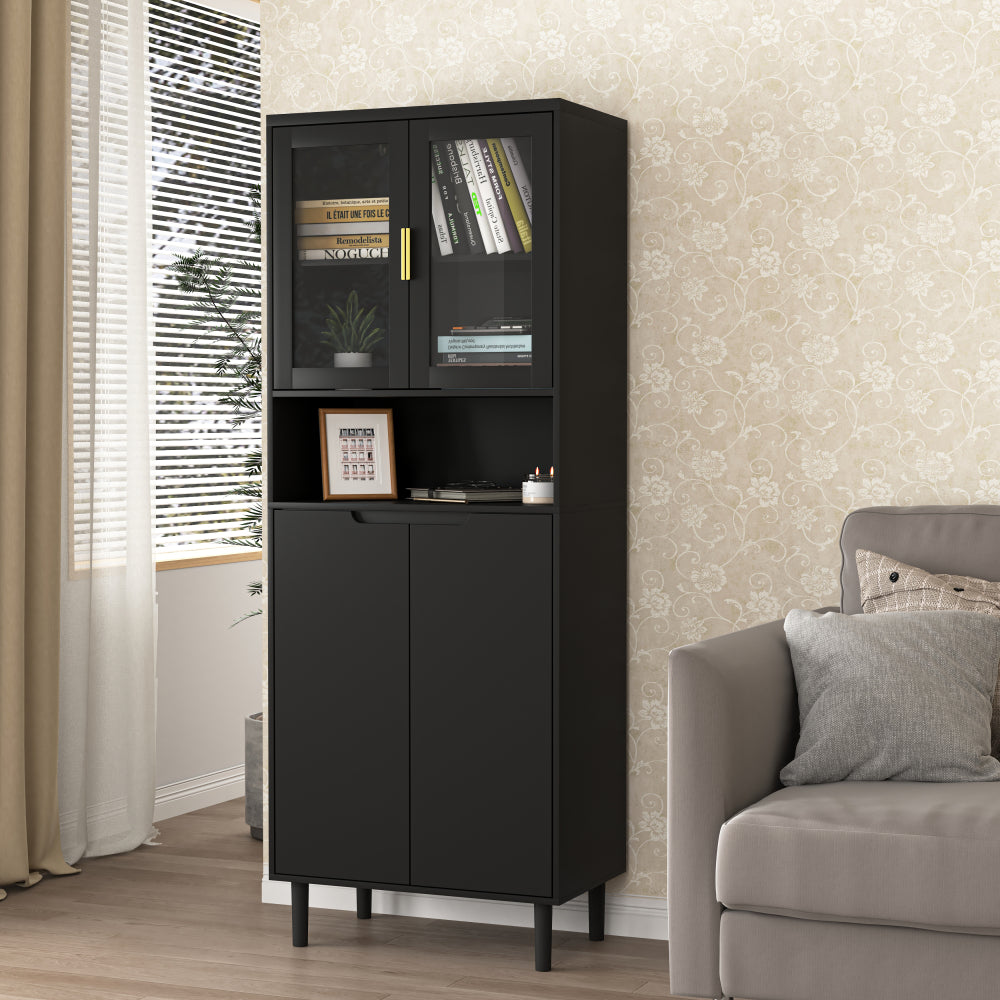 Tempered Glass Door Tall Storage Bookcase with adjustable board, 4 doors MDF painting finished cabinet, Black, Living room Bedroom storage
