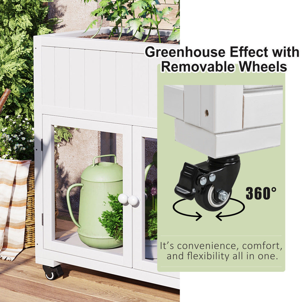 TOPMAX Patio 35.4''x17.7''x37.4'' Mini Wood Cold Frame, Compact 2 Doors Garden Greenhouse with Wheels, Raised Bed with Liner for Indoor Outdoor Use, White