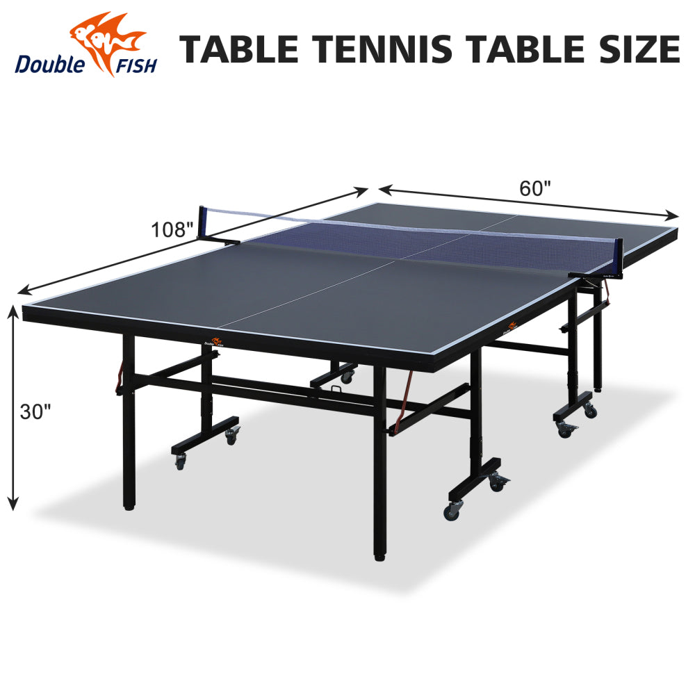 DOUBLE FISH 9 Ft MidSize Table Tennis Table Foldable And Portable Ping Pong Table Set For Indoor Games With Net 2 Table Tennis Paddles And 3 Balls