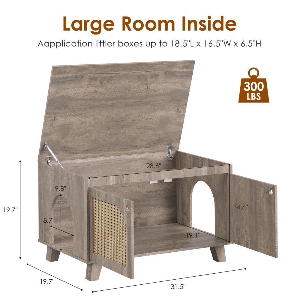 Flip Top Hidden Cat Litter Box Enclosure Furniture Cabinet with Rattan Decorated Doors for Your Home, Two Entrances