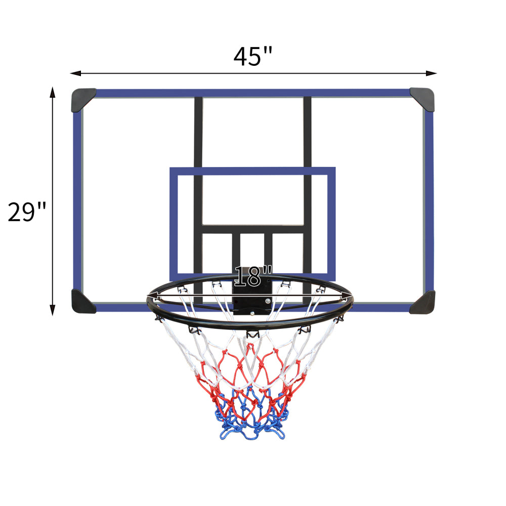Wall-mounted basketball hoop, 45 x 29 inches shatterproof back, folding hoop, durable hoop and all-weather mesh for indoor and outdoor use