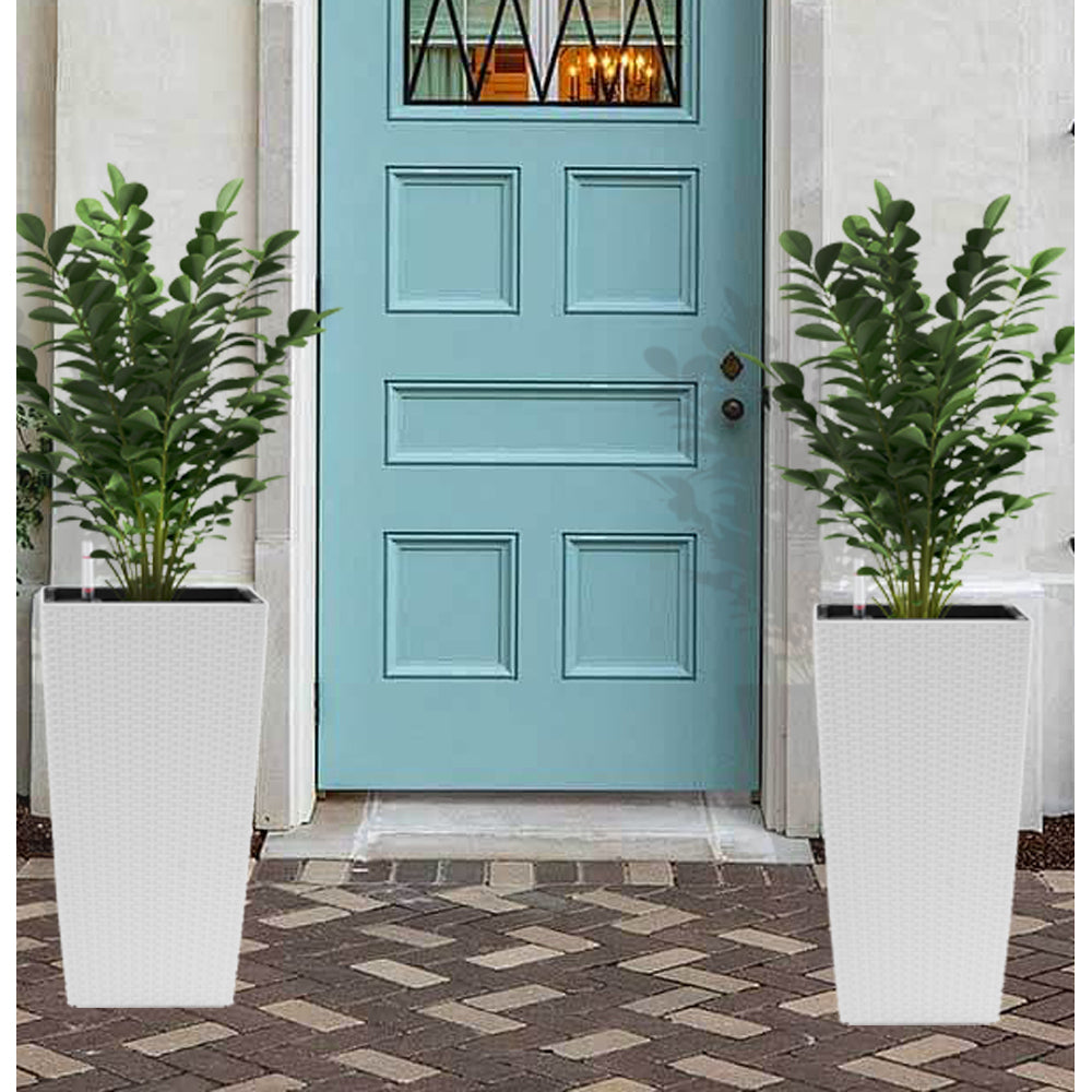 Indoor/Outdoor Modern Faux Rattan Design Square Planter, 22.6 inch White Plastic Large Planter with Automatic Watering System for Home and Garden (White, 22.6 inch - 2 Pack)
