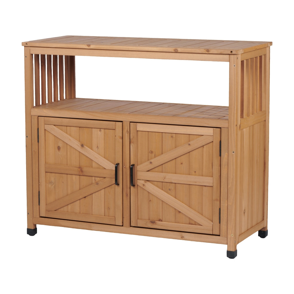 Potting Bench with Storage Cabinet and Metal Table Top for Outdoor Patio, Garden Furniture Wood Workstation Grey 31.5x17x36''