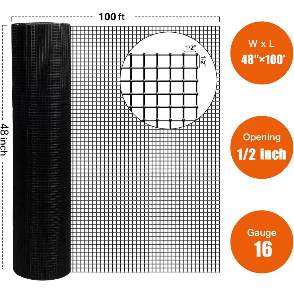 48 inch×100 ft Black Vinyl Coated Hardware Cloth, 16 Gauge 1/2 inch Black PVC Hardware Cloth, Black Welded Wire Fence Supports Poultry-Netting Cage-Home Improvement and Chicken Coop