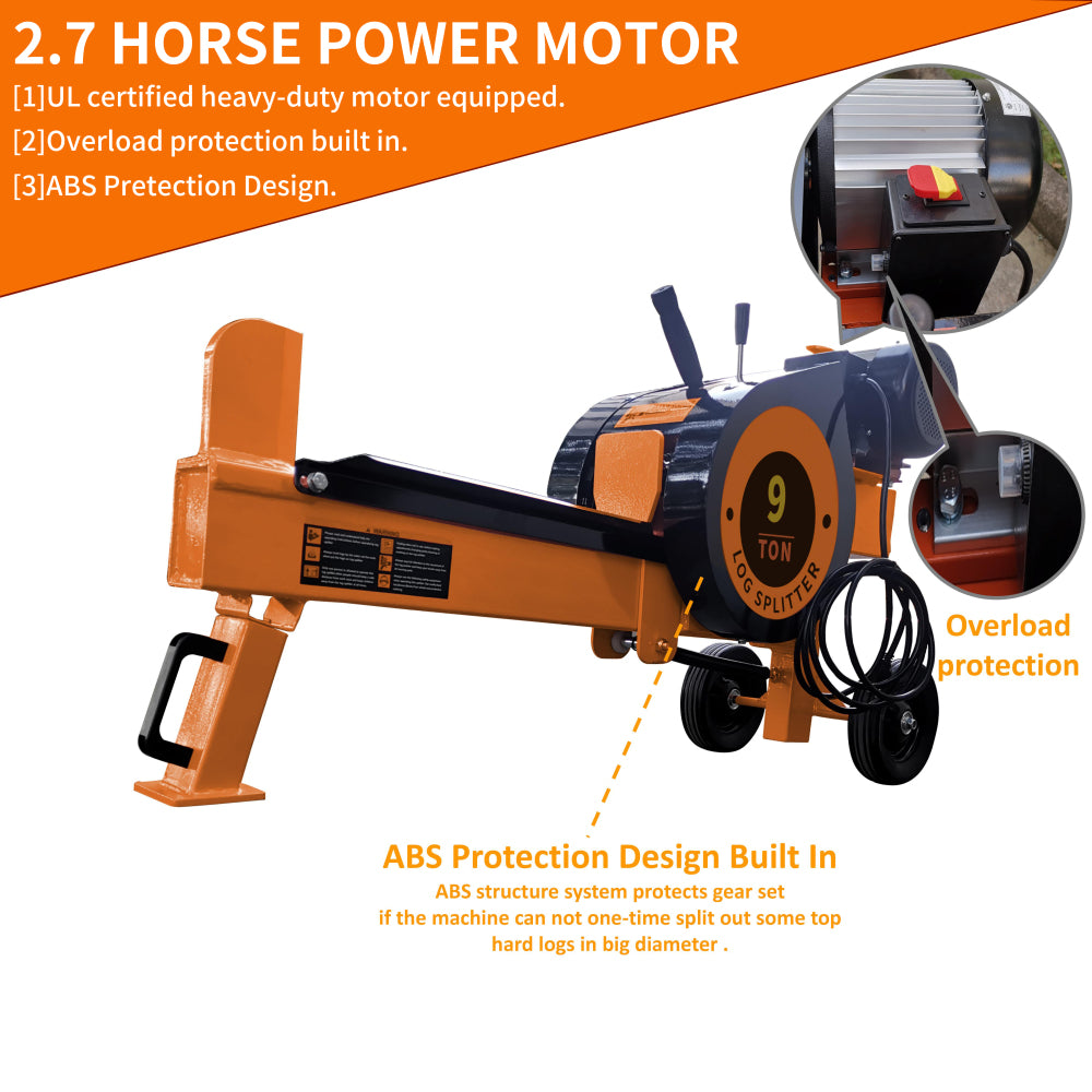 9 Ton Household Electric Powered 2.7HP Movable Horizontal Automatic Return Firewood Splitting Machine Fast Wood Splitter Fast Log Splitter for toughest wood