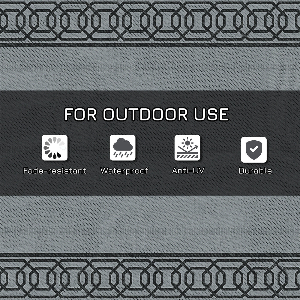 Outsunny Reversible Outdoor Rug, 9' x 12' Waterproof Plastic Straw Floor Mat, Portable RV Camping Carpet, Large Floor Mat for Backyard, Deck, Picnic, Beach, Black & Gray Border