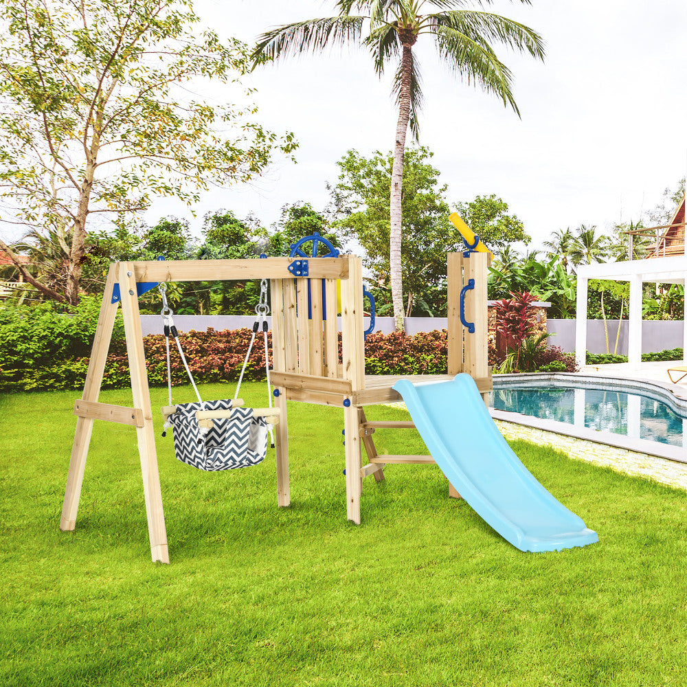 Outsunny 3 in 1 Wooden Swing Set Outdoor Playset with Baby Swing Seat, Toddler Slide, Captain's Wheel, Telescope, Kids Backyard Playground Equipment, Ages 1.5-4