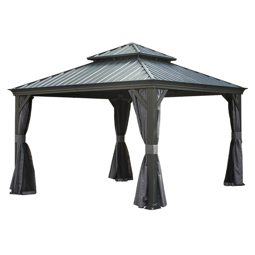 12' X 12' Hardtop Gazebo, Upgraded Metal Gazebo with Drainage System, Dual-Layer Galvanized Steel Roof, Curtain and Netting, Outdoor Shelter Canopy for Patio, Garden, and Backyard, Grey