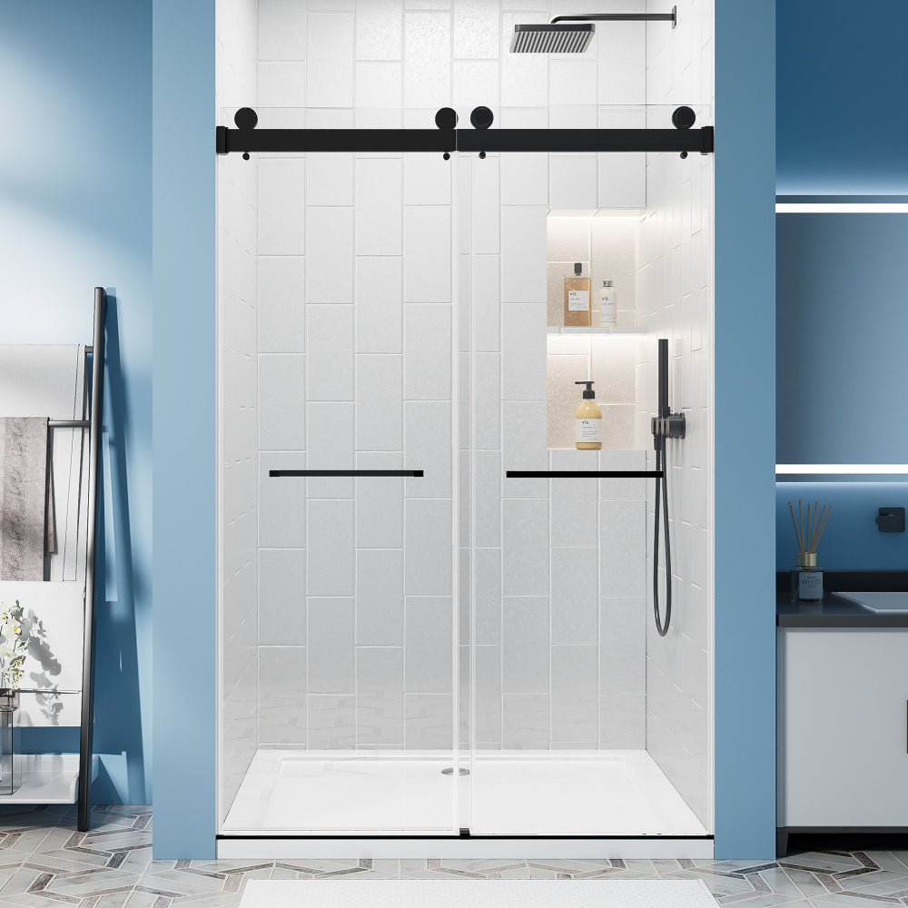 60" W x 76" H Frameless Double Sliding Shower Door, Soft-Close Matte Black Shower Screen, 5/16" (8mm) Clear Nano-Coated Tempered Glass, Dual Stainless Steel Door Handles
