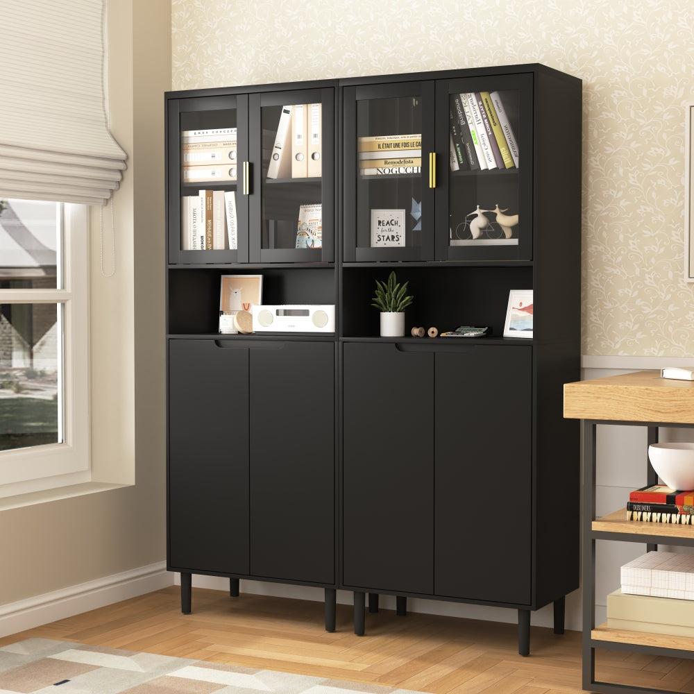 Tempered Glass Door Tall Storage Bookcase with adjustable board, 4 doors MDF painting finished cabinet, Black, Living room Bedroom storage