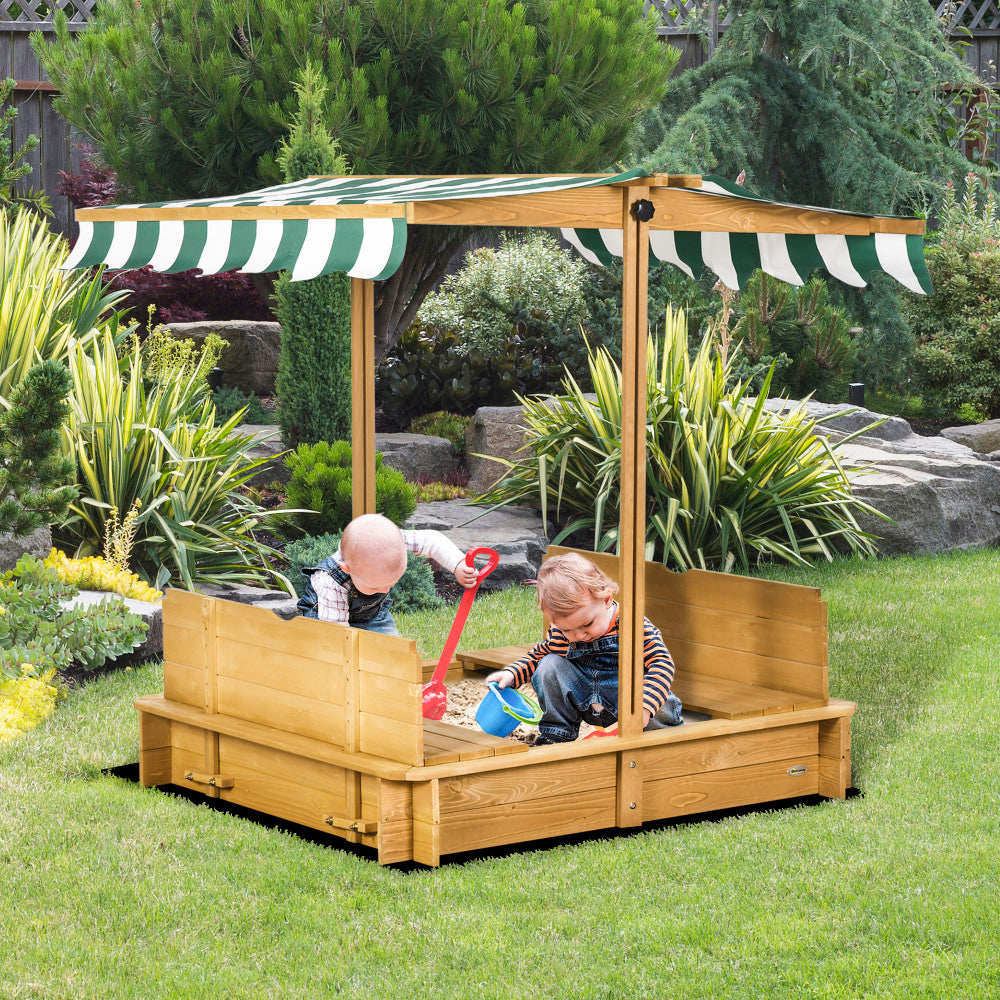 Outsunny Wooden Kids Sandbox with Cover, Children Outdoor Sand Box with Foldable Bench Seats, Adjustable Canopy, Bottom Liner for Outdoor, Brown