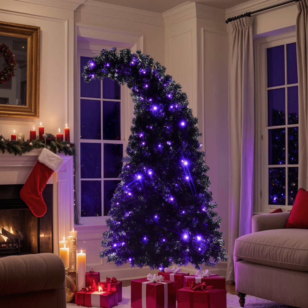 6FT Artificial Christmas Tree with LED Light, Pre-Lit Curved Shape Artificial Whimsical Xmas Tree with 900 Tips, Black Christmas Tree