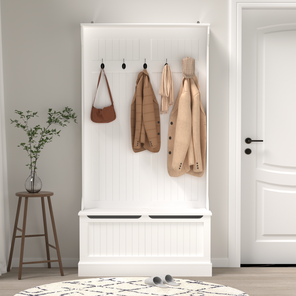 Entryway Bench with Standing Coat Rack, Hall Tree with Shoe Storage Bench, Entryway Organizer with 5 Hooks, White