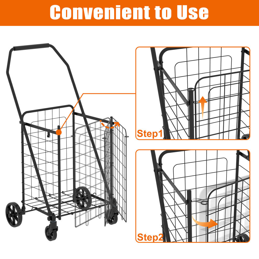 Shopping Cart with open door,Grocery Cart on Wheels, Foldable Utility Shopping Carts with 360° Rolling Swivel Wheels for Groceries Laundry