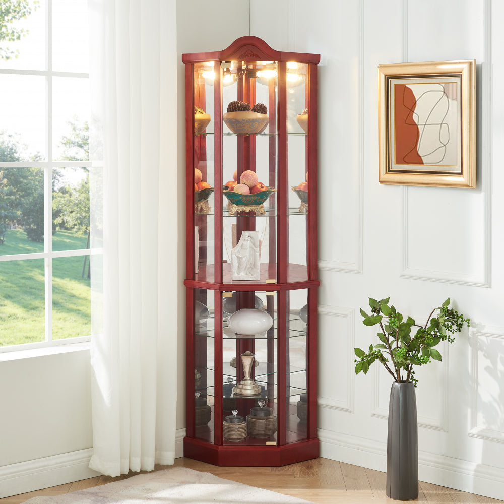 Glass Cabinet Lighted Corner Cabinet Corner Display Curio Cabinet, Glass Display With Light(Included)Bar Cabinet,Wine Cabinet with Adjustable Glass Shelves Carved Decoration OAK Light(Included)