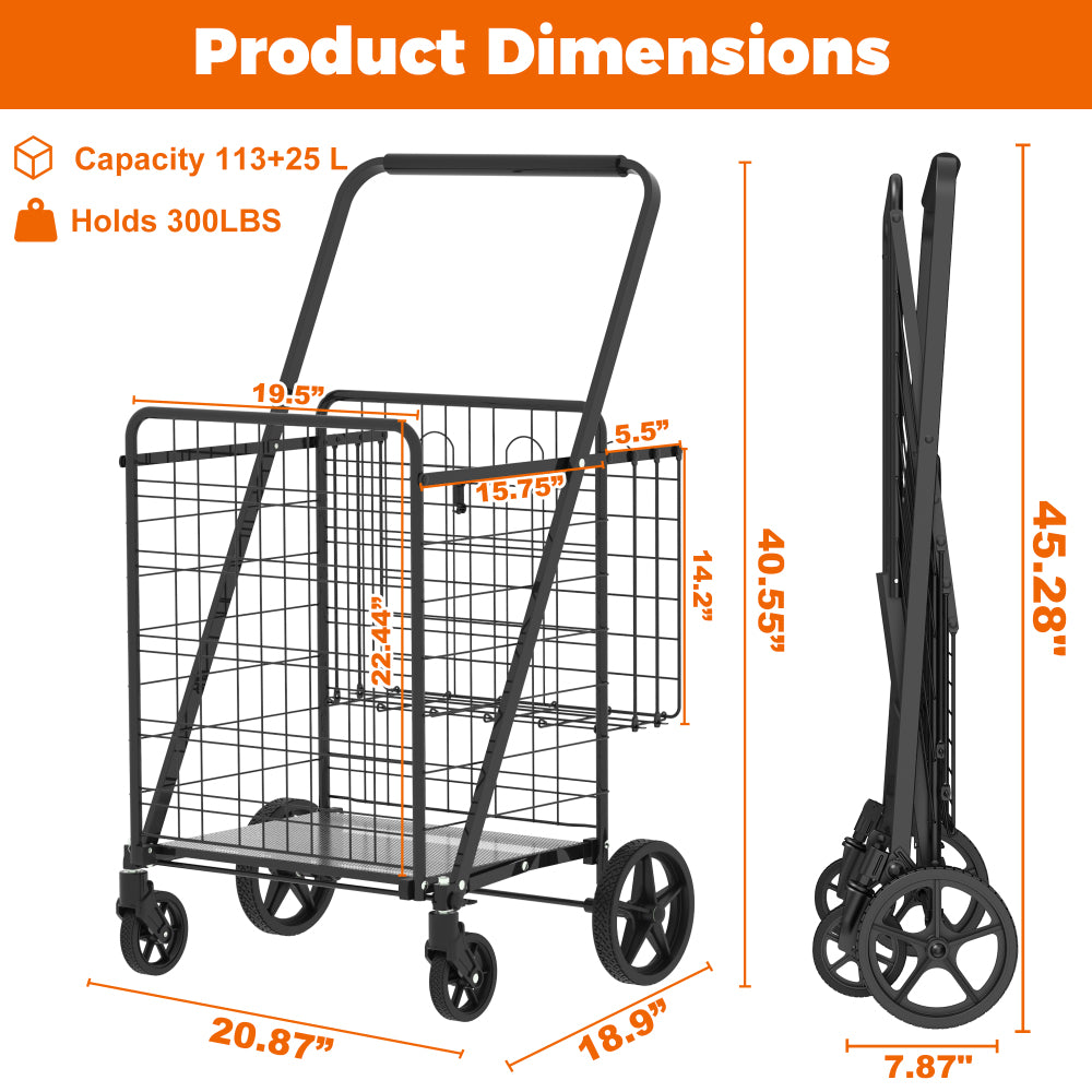 Extra Large Shopping Cart,Grocery Cart on Wheels, Foldable Utility Shopping Carts with Double Basket and 360° Rolling Swivel Wheels for Groceries Laundry