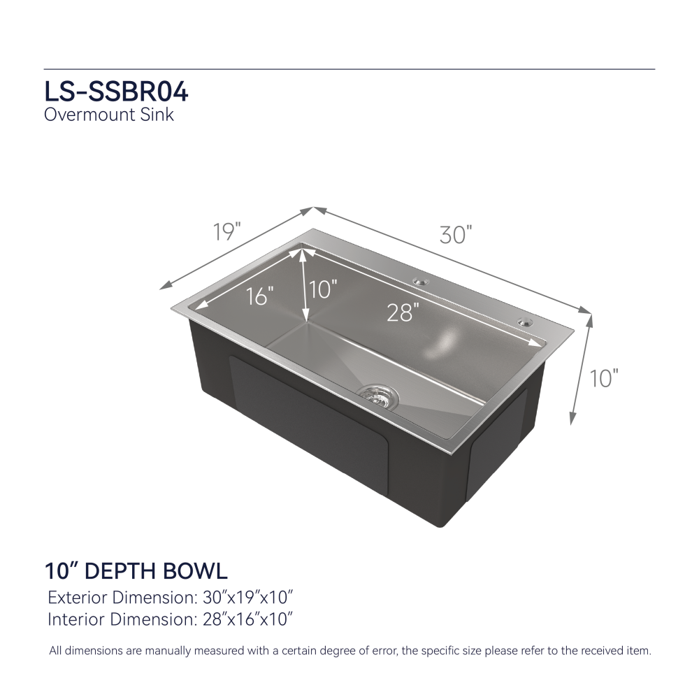 Stainless Steel Kitchen Sink, 30″x19″ Single Bowl, Overmount Handmade Sink in Brushed Nickel, with US Standard Drain and Hook, LS-SSBR04