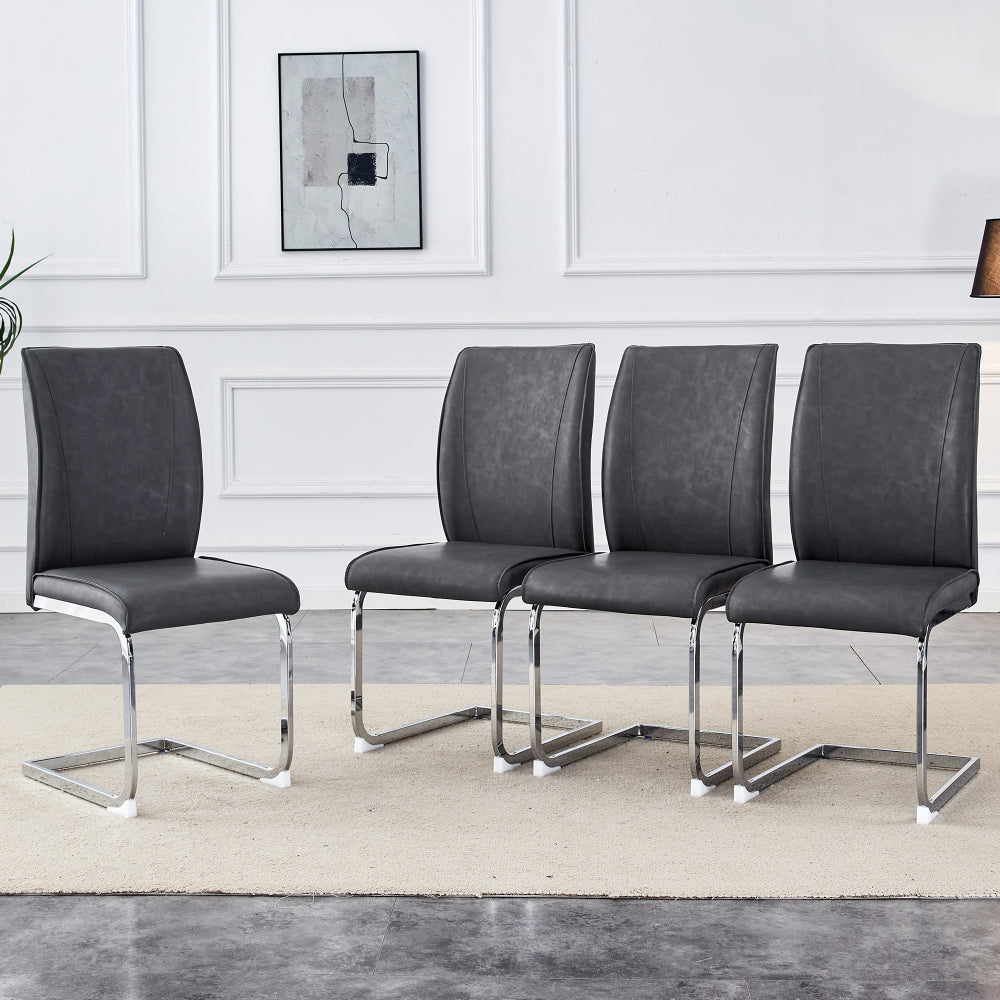 Luxury Simple Arch Chair - Set of 4 Dark Gray PU Material High Resilience Dining Chair with Arched Metal Silver Leg.Crazy Horse Texture PU Dining Chairs.