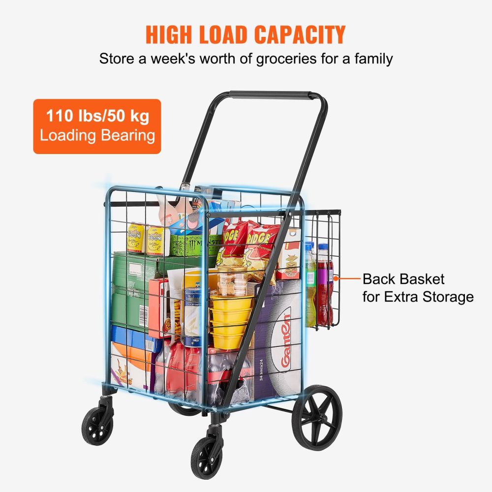 Folding Shopping Cart, Jumbo Grocery Cart with Double Baskets, 360° Swivel Wheels, Heavy Duty Utility Cart, 110 LBS Large Capacity Utility Cart for Laundry, Shopping, Grocery, Luggage