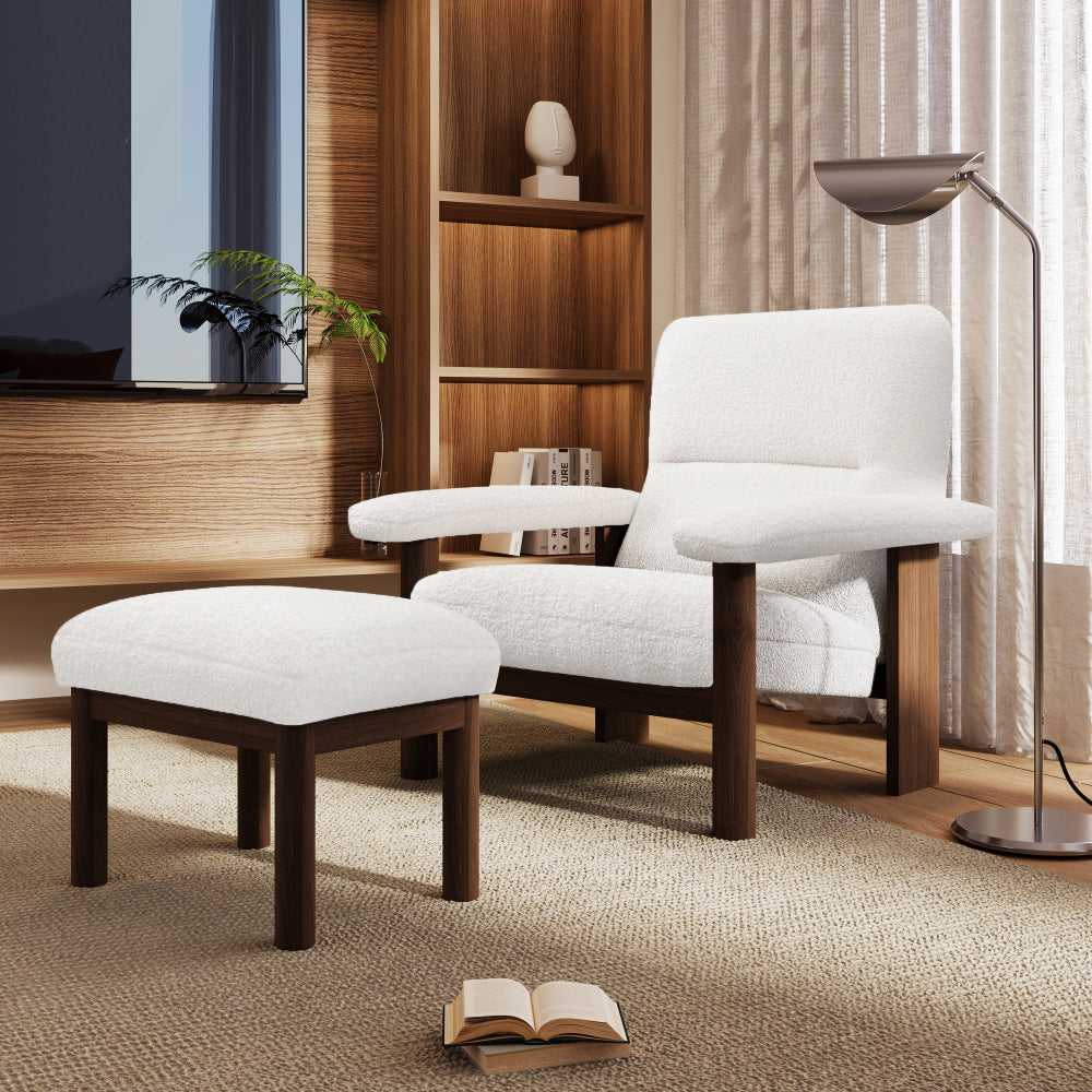 U-Can Modern Accent Chair with Ottoman, Mid Century Lounge Chair with footrest, Comfy Fabric Armchair Upholstered Set with Solid Wood Frame for Living Room