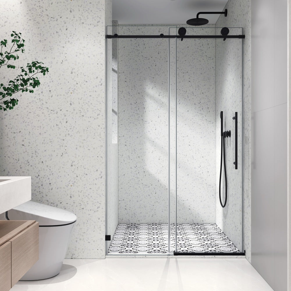 6076 Matte Black frameless one fixed and one shifted Shower Door, 70MM 304 stainless steel large pulleys with adjustable soft closing function,with nano easy cleaning,stick explosion-proof menbrance