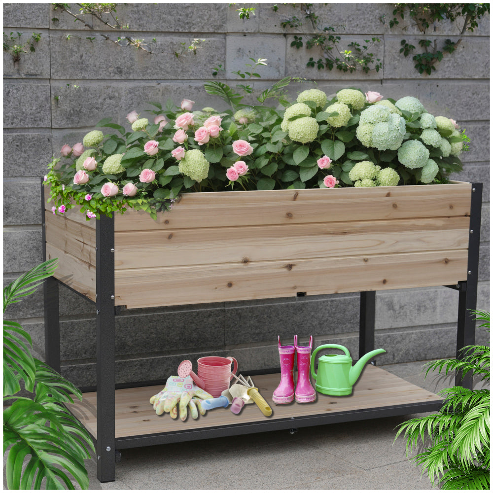 New style:     45"  Iron-wood combined growing beds with feet and storage racks. Suitable for various places such as gardens, backyards, terraces, balconies, etc.