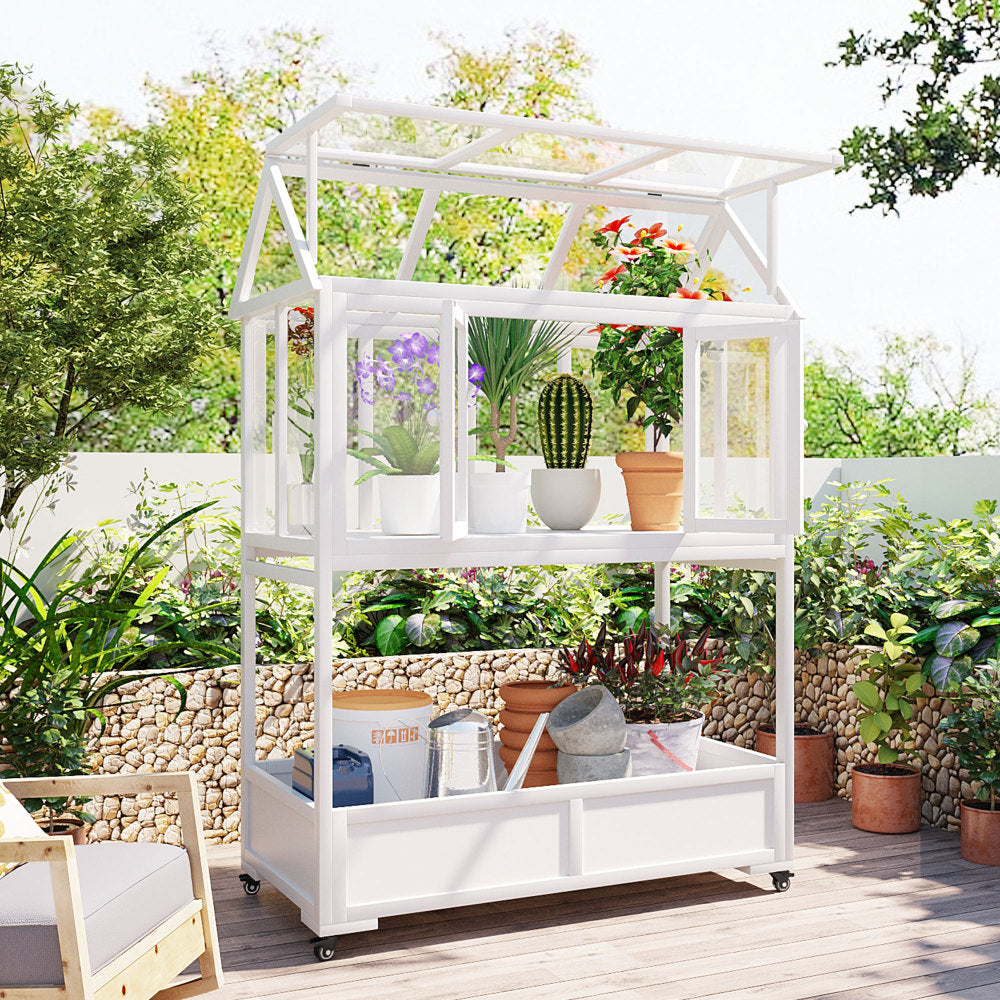 [Assembly Video Available] TOPMAX Garden Wood Portable Cold Frame with Movable Wheels Mini Greenhouse with Openable Roof and Storage Box, White