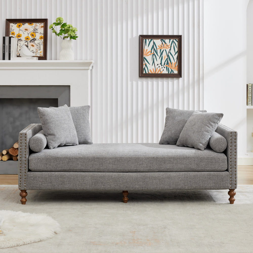 75.2'' Wide Upholstered Chaise Lounge Indoor with Nailheads,Sleeper Sofa Couch With 4 Throw Pillows&2 Bolsters,Daybed with Rubberwood Legs For Living Room,Bedroom, Apartment,Guestroom,Gray Chenille