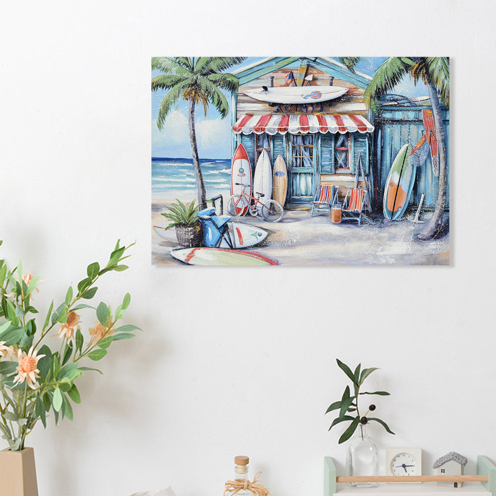 Blue Beach House Surfboard Coconut Tree Ocean Wall Art - Coastal Tropical Landscape Mural Print - Vibrant Seaside Decor for Living Room Bedroom Office decorative picture