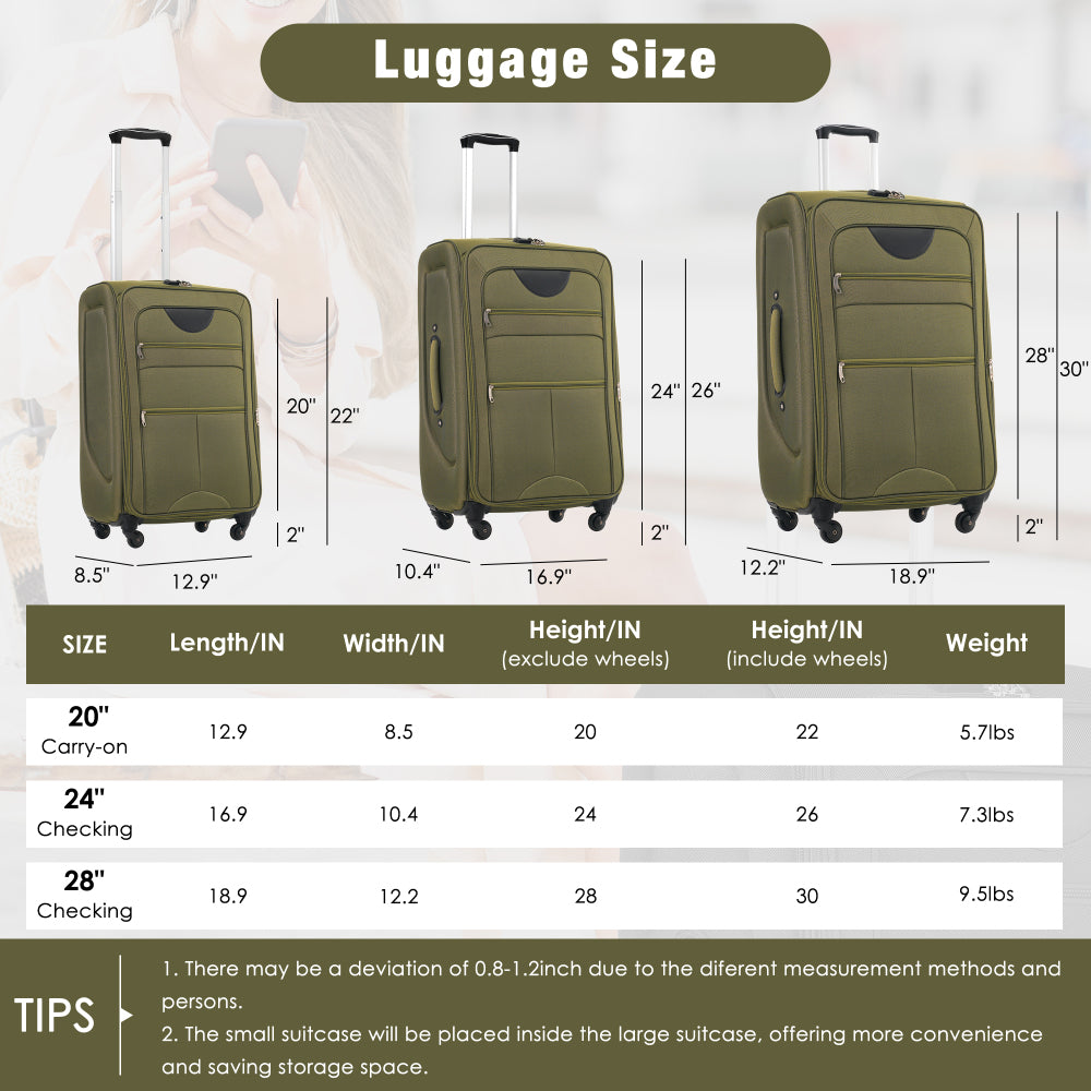 Softside Luggage Expandable 3 Piece Set Suitcase Upright Spinner Softshell Lightweight Luggage Travel Set