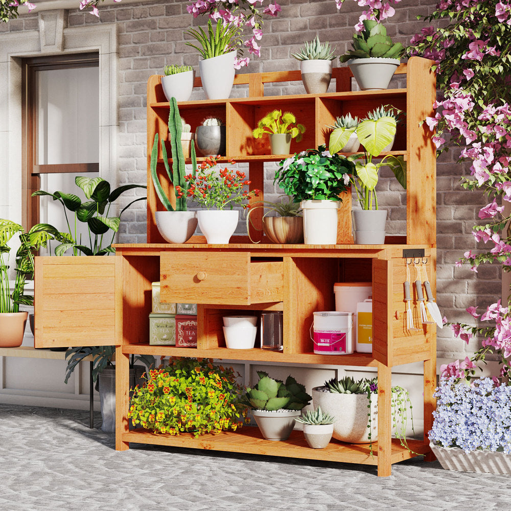 [Assembly Video Available] Topmax Solid Fir Wood Potting Bench Garden Workstation with Hutch, Drawer & Adjustable Shelves, 50.2x19.7x66.1 Inch Outdoor Garden Work Table for Backyard Planting,White