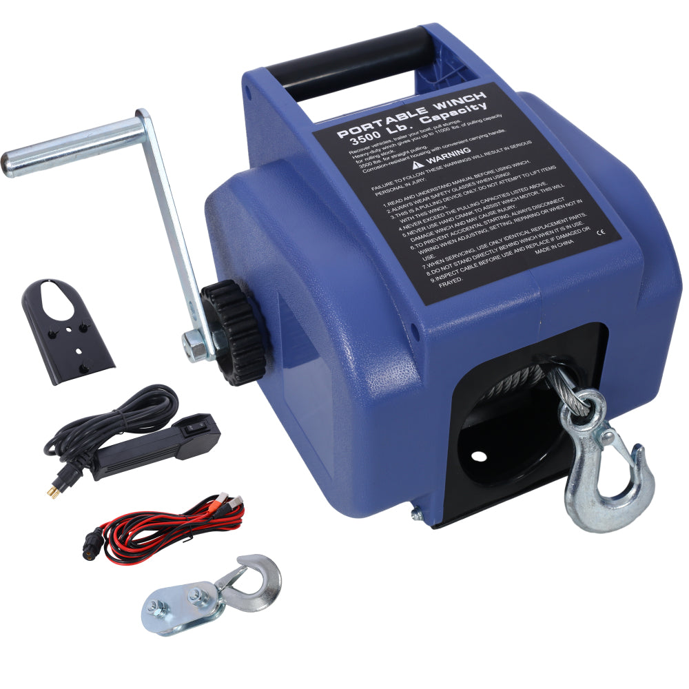 12v 3500lbs Trailer Winch,Reversible Electric Winch, for Boats up to 6000 lbs.Galvanized Wire Rope,with extra pulley hook,power in and power out,with manual function.blue plastic casing