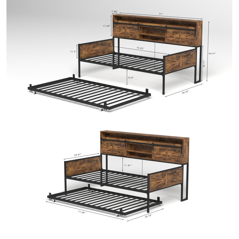 Twin Daybed with Trundle, Farmhouse Daybed Frame with Sliding Barn Door Headboard and Charging Station & LED Light for Bedroom and Guest Room, Rustic Brown