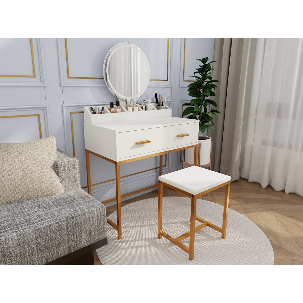 Vanity Set with Mirror and Stool - Makeup Vanity Table with Storage Drawers and Organizer, White and Gold, Space-Saving Design for Small Bedrooms