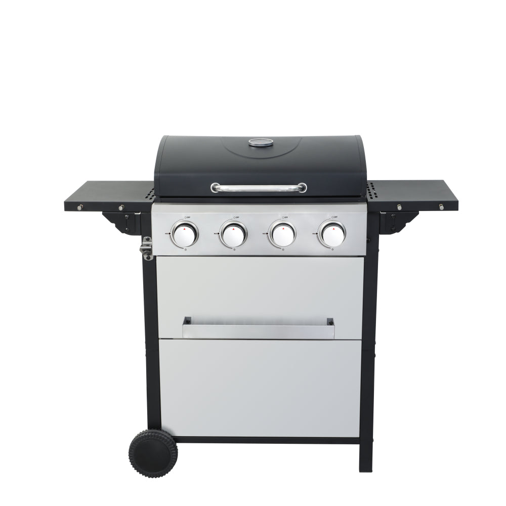 4-Burner Propane Gas BBQ Grill, 34200BTU Output With Wire Enamel Cooking Grids For Outdoor Barbecue, Foldable Side Table, Hanging Basket, Stainless Steel