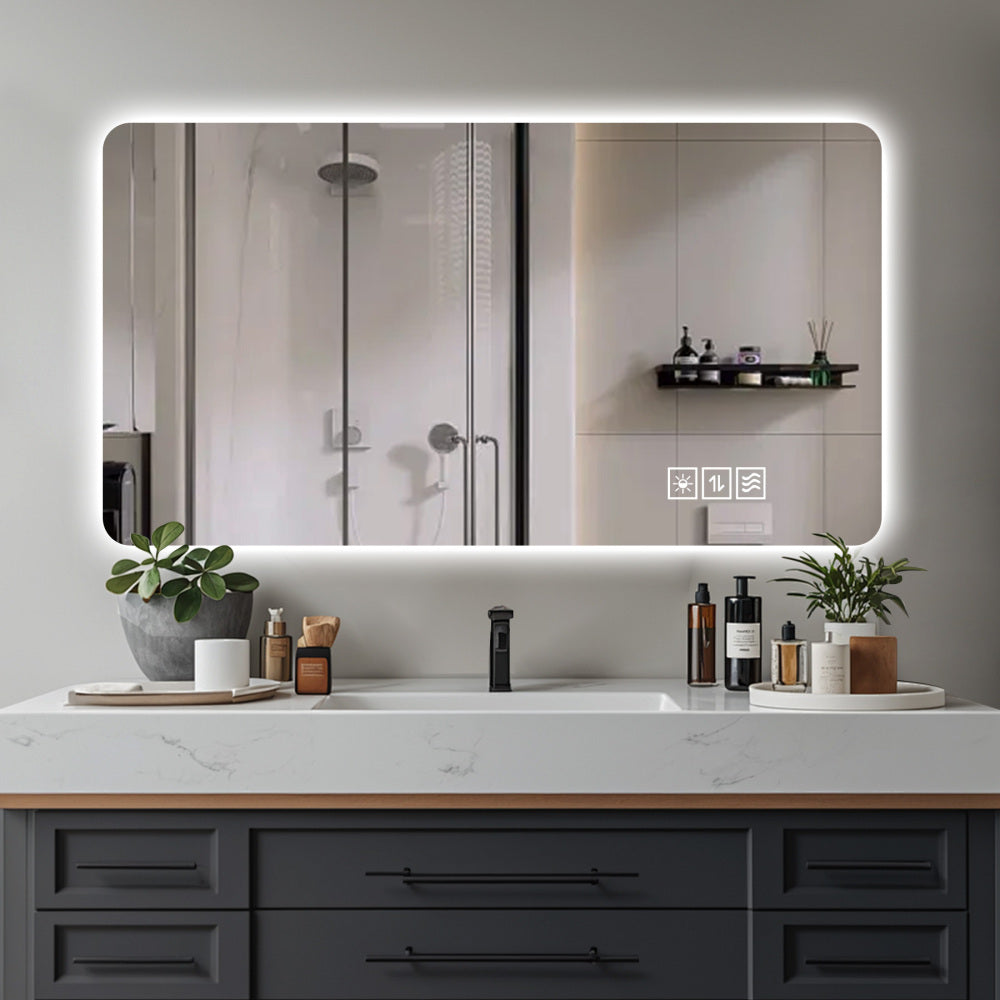 Wall mounted LED lighting mirror/bathroom mirror/full-length mirror/makeup mirror, three color lighting+dimming+IP44 waterproof+anti fog+touch switch 24 × 48 inches