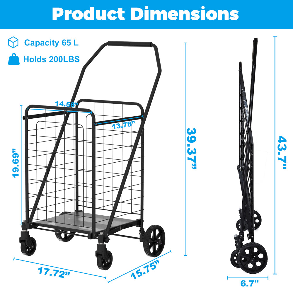 Shopping Cart with Shelf,Grocery Cart on Wheels, Foldable Utility Shopping Carts with 360° Rolling Swivel Wheels for Groceries Laundry