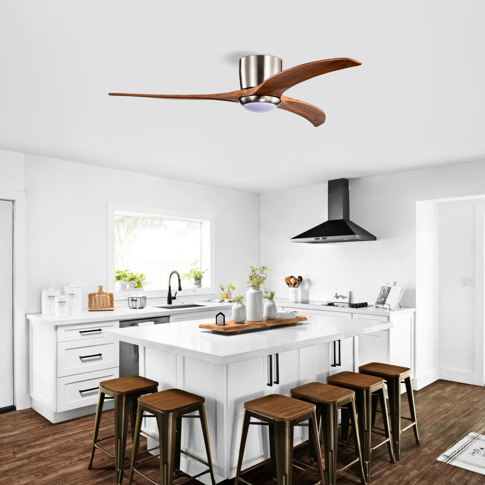 52" Flush Mount Ceiling Fan Solid Wood Blades Ceiling Fan With Light with Remote Control, Noiseless Reversible Motor, 6 Speed, for Patio Living Room, Bedroom,Indoor--(Stain Nickel)