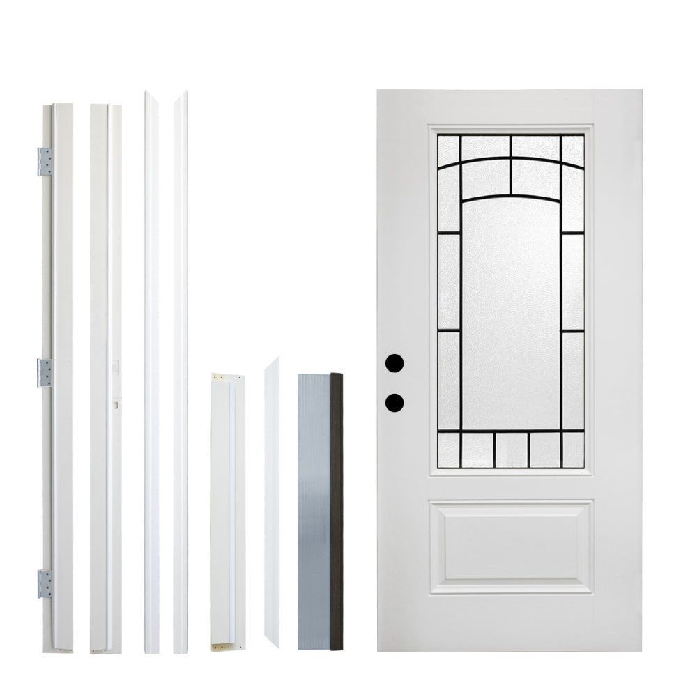 36 x 80 Smooth Fiberglass Entry Door with Brickmould,3/4 View Frosted Glass - Classic Style for Home's Front Entrance, Vinyl Frame, Right Hand Inswing,White Primed Knock-Down Door New Packaging