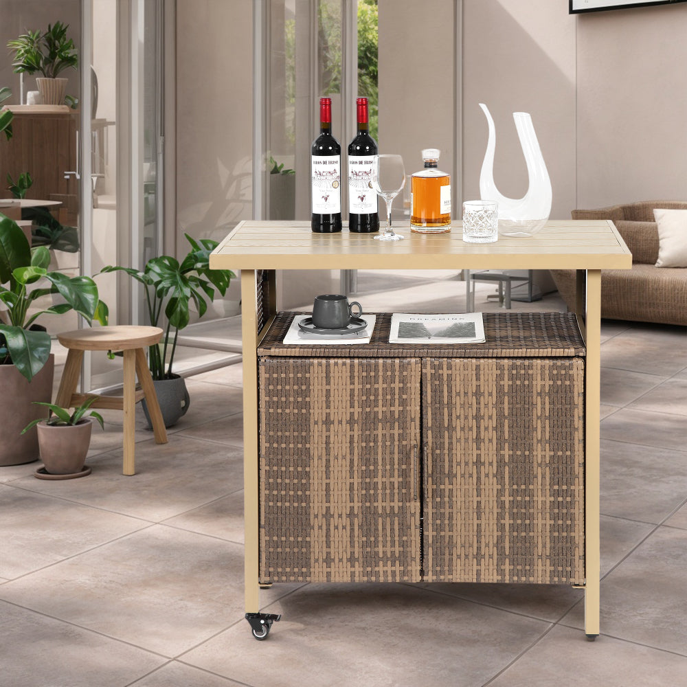 Outdoor Wicker Bar Cart, Patio Wine Serving Cart w/Wheels , Rolling Rattan Beverage Bar Counter Table w/Glass Top for Porch Backyard Garden Poolside Party, Light brown